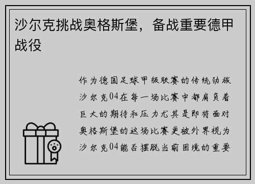 沙尔克挑战奥格斯堡，备战重要德甲战役